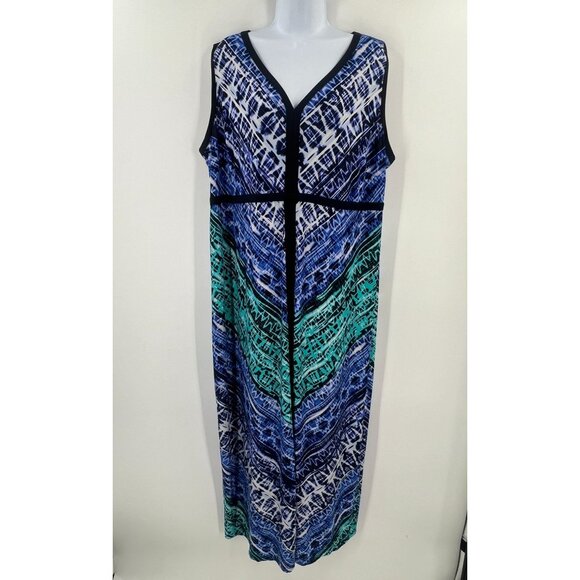 Catherines 2X 22W Blue Green Abstract Print Maxi Dress Sleeveless V-Neck - Picture 1 of 8